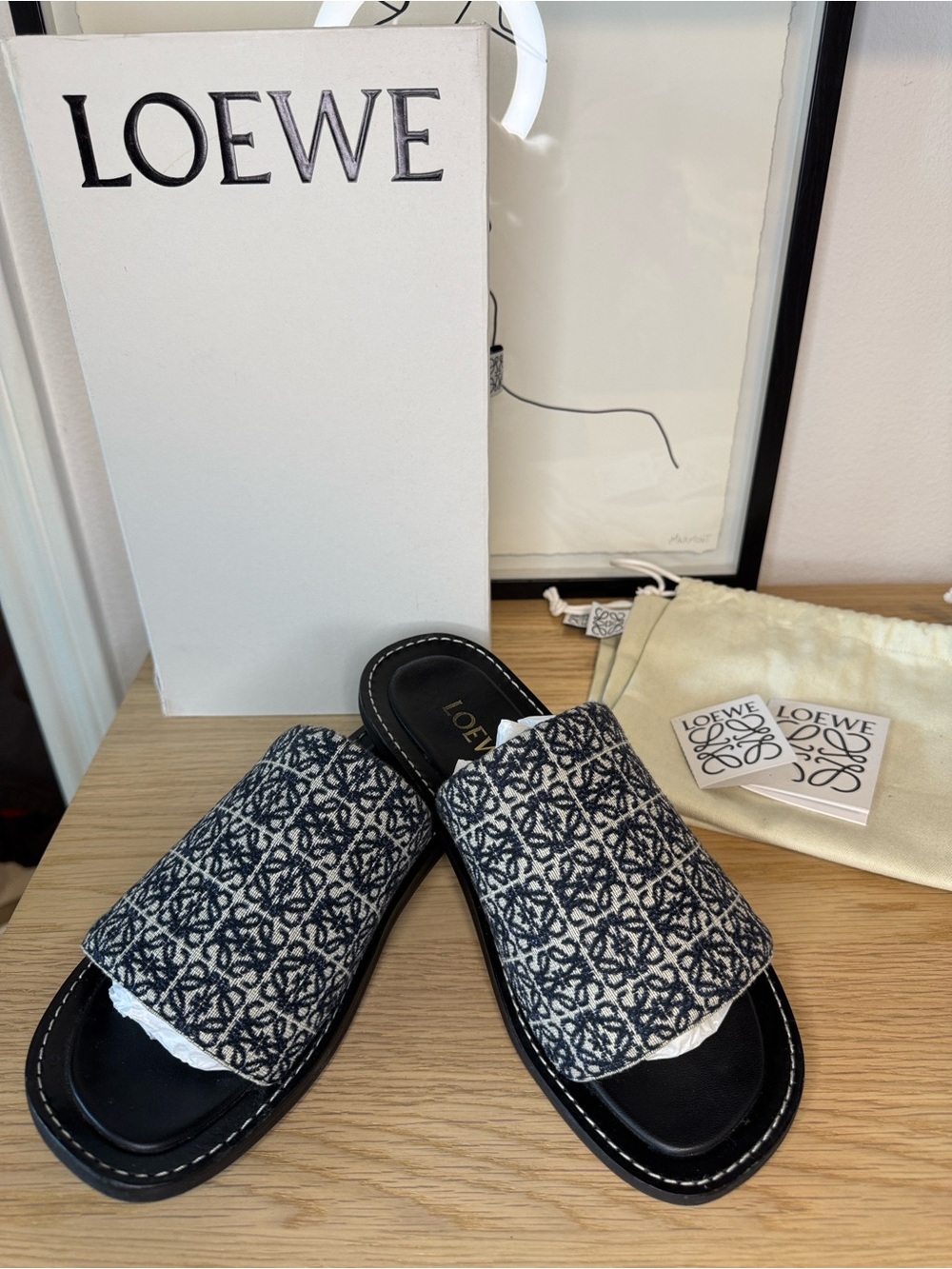 Loewe Deep Navy Blue & Ivory Jacquard Slide Sandals